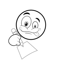 Floating ball drawing with a pencil on a piece of paper sticking his tongue out hand drawn black and whit clip art