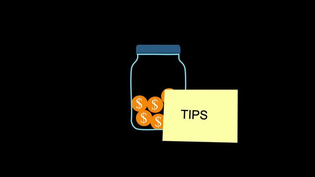 Tips text on a yellow sticky note attached to a glass jar with a hand inserting a coin, set against a white background in vertical screen format.