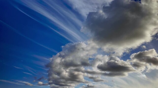 Dramatic cloudscape with various types of clouds moving across a vibrant blue sky, creating a dynamic and atmospheric background perfect for sky replacement or conceptual videos