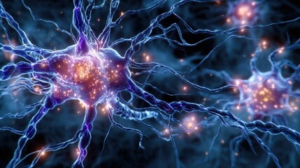 Microscopic view of glowing neurons with intricate dendrites and axons,