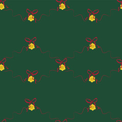 A seamless Christmas and New Year's pattern with cute bows, Christmas balls, and New Year's decorations on a green background. Perfect for packaging, greeting cards, prints, banners, and posters. 