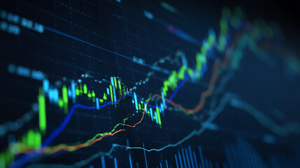 a stock market graph with upward-trending lines and a blue background