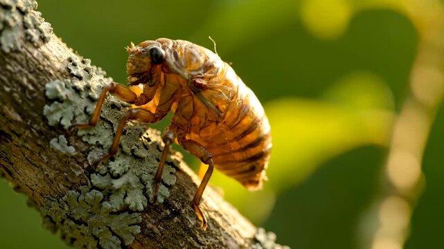 Close-up of a golden cicada exoskeleton, the shed skin of a nymph, clinging to a lichen-covered tree branch.