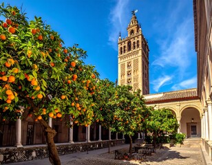 Sunny courtyard with orange trees and a tall tower