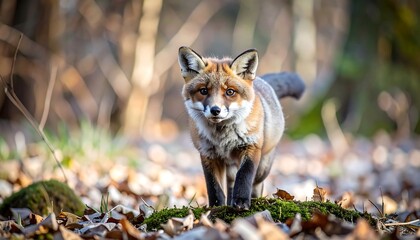 Fox stands alert on a mossy patch surrounded by fallen leaves in a blurred forest