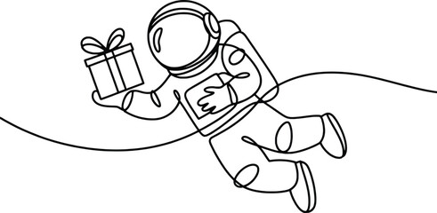 Astronaut floats through space holding a wrapped gift present for a special occasion
