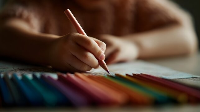 A child s hand is focused on drawing with a colored pencil surrounded by a row of art pencils