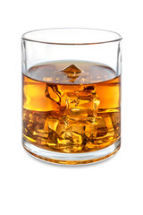 Glass of whiskey or bourbon with ice cubes, Whiskey on the rocks isolated