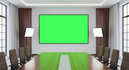 Modern conference room interior with a large green screen on the wall for virtual presentations or meetings.
