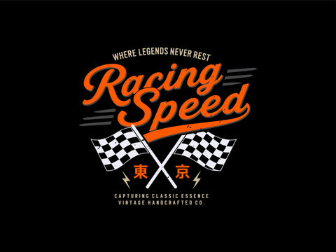 Vintage Retro Racing Speed Tokyo Emblem with Checkered Flags Design, design t-shirt streetwear clothing, vector typography, perfect for modern apparel