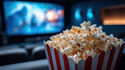 Movies and popcorn. Man holding pop corn box at cinema. Action, thriller or scifi entertainment on screen. Red seats in dark theater. Salty snack in bucket. Spectator pov. Film premiere.