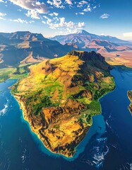 High-angle view of a mountainous island with vibrant colors and a partly cloudy sky