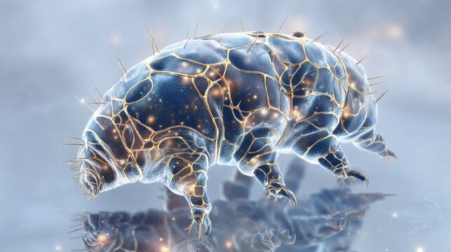 Highly magnified microscopic organism tardigrade water bear with intricate details blue hue glowing golden lines cellula