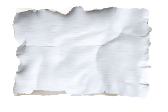 Crumpled ruled note paper, textured classic torn stationary sheet illustration. Isolated on transparent background.

