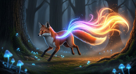 Nine tailed fox kitsune mystical creature fantasy art forest magical glowing tails animal artwork design