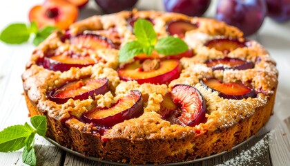 Plum tart, slices of plums, flaky crust