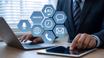 Businessman Using Laptop and Tablet with AI Service Icons for Customer Support Communication Technology and Digital Assistance