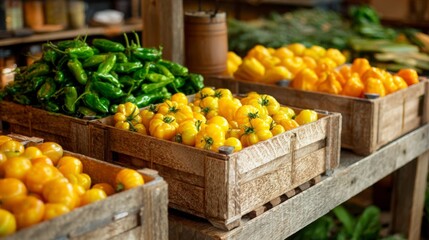 Market display with yellow tomatoes and peppers on wooden crates