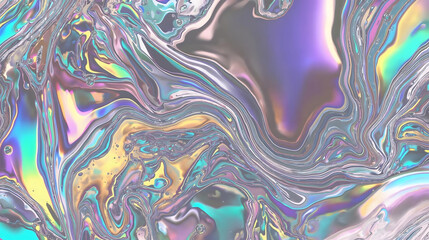 Mesmerizing holographic fluid art with vibrant iridescent colors and liquid metal textures, perfect for futuristic design backgrounds