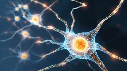 A vibrant micro view of a neuron with glowing blue and yellow cell body, radiating dendrites and a singular axon,