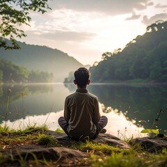 Person meditating by a serene lake at dawn