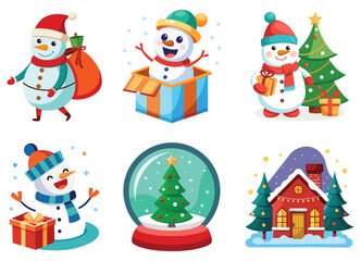 Cute Snowman with Gifts Vector Set – Christmas Holiday Cartoon Collection
