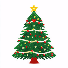 Fototapeta premium Decorated Christmas tree illustration with ornaments, lights, and star topper on white background 