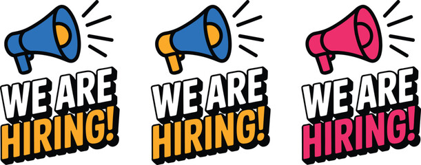 Three megaphones announcing we are hiring in bright colors for recruitment