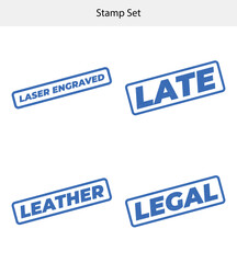 Blue Rubber Stamps Set Laser Engraved, Late, Leather, and Legal isolated on white
