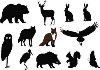 Naklejka premium Wildlife illustration, animal silhouettes, fauna collection, deer, bear, rabbits, fox, birds, wilderness, forest scenes, nature icons