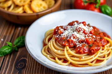Fototapeta premium Classic spaghetti with rich tomato sauce, topped with a generous dusting of parmesan cheese, recipe, food photography