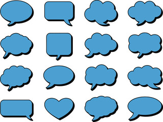 Collection of sixteen different blue speech bubbles and thought bubbles in various shapes