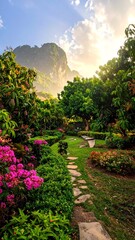 Lush garden path leading to misty mountains