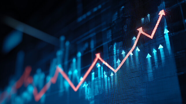 a stock market graph with upward-trending lines and a blue background