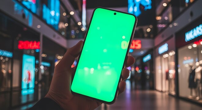 A hand holding a smartphone with a green screen in a brightly lit shopping mall. - Powered by Adobe