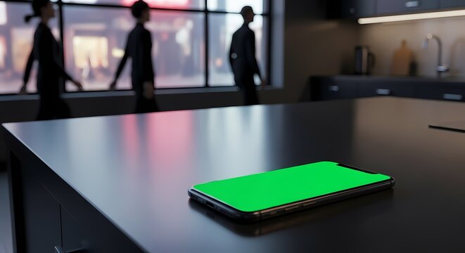 A modern smartphone with a green screen lies on a dark countertop in a sleek kitchen, with silhouetted figures walking past a large window in the background.
