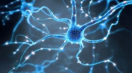 Obraz premium Stylized glowing blue neurons with detailed cell bodies, axons,