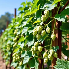 Fototapeta premium Lush green hop bines climb a sunny trellis, showcasing vibrant new growth and immature hop cones, outdoor, trellis