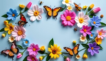 Pastel glitter flowers, bees, and butterflies arranged in a spring circle, delicate, nature, whimsical