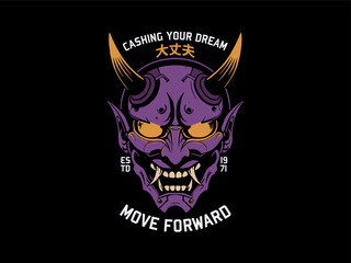 Purple Japanese Oni Hannya Mask with Motivational Cashing Dream Text, design t-shirt streetwear clothing, vector typography, perfect for modern apparel