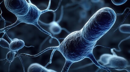 Detailed microscopic view of spherical virus particles with outer structures resembling spike proteins,