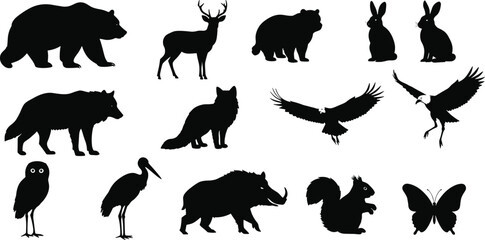 Wildlife silhouettes, forest animals, nature icons, bear, deer, fox, eagle, owl, squirrel, butterfly, boar, stork