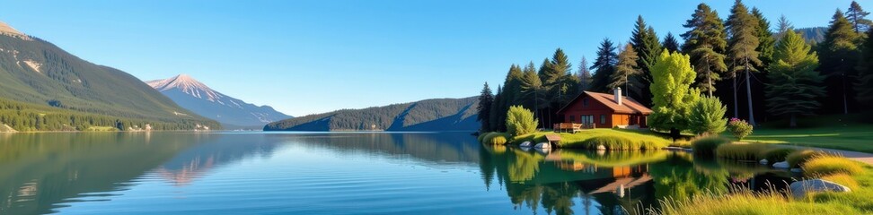 Secluded lakeside cottage nestled amongst lush greenery, reflecting in tranquil waters under a vast, clear sky, nature, blue
