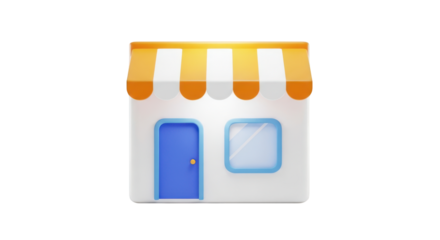 3D cartoon store front with blue door and window isolated on a transparent background shop