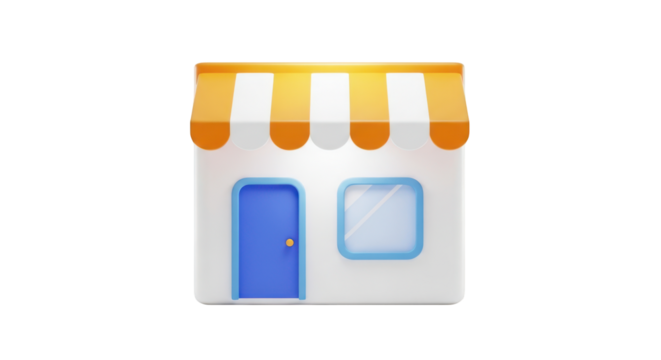 3D cartoon store front with blue door and window isolated on a transparent background shop