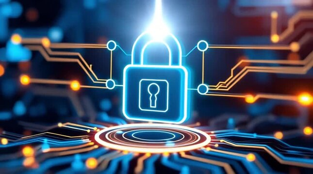  Digital Lock Icon Representing Security in Cyber Technology with Circuit Patterns and Glowing Visuals