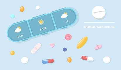 Horizontal background with a medicine box, with pills and capsules. Template of an empty box with various pills on the background for daily intake. Concept of a medicine organizer. Pharmacists Day.