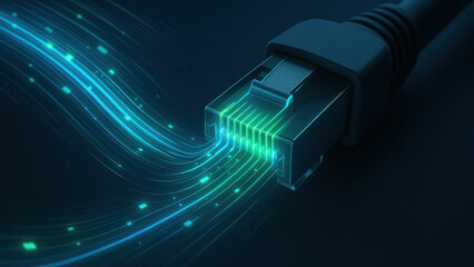 Lan port smart tv data flow illustration showing glowing ethernet connector and streaming signal in motion with futuristic teal lines and digital particles evoking high speed network connectivity