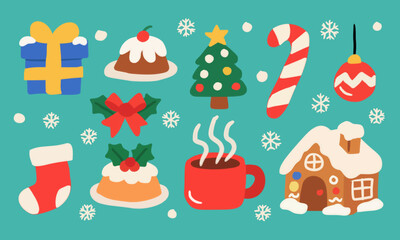 Flat Style Christmas Holiday Element Assortment Decoration Festive Season Illustration