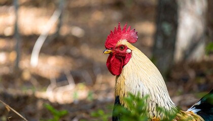Golden rooster, bright red comb, forest background; sunlit, feathered, elegant bird